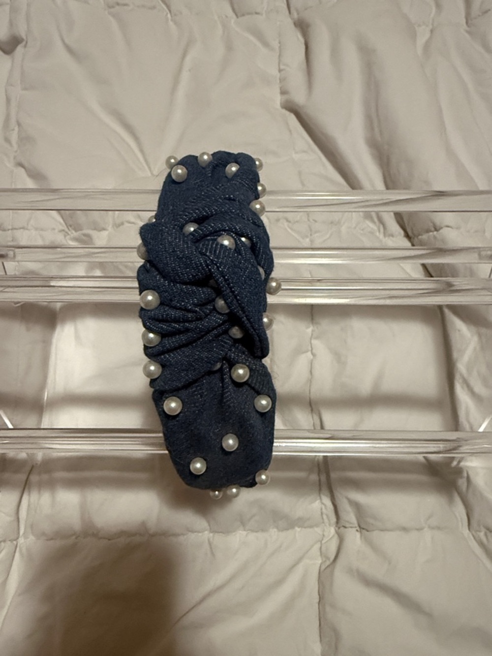 Pearl-Embellished Navy Knotted Headband - Women's Accessories